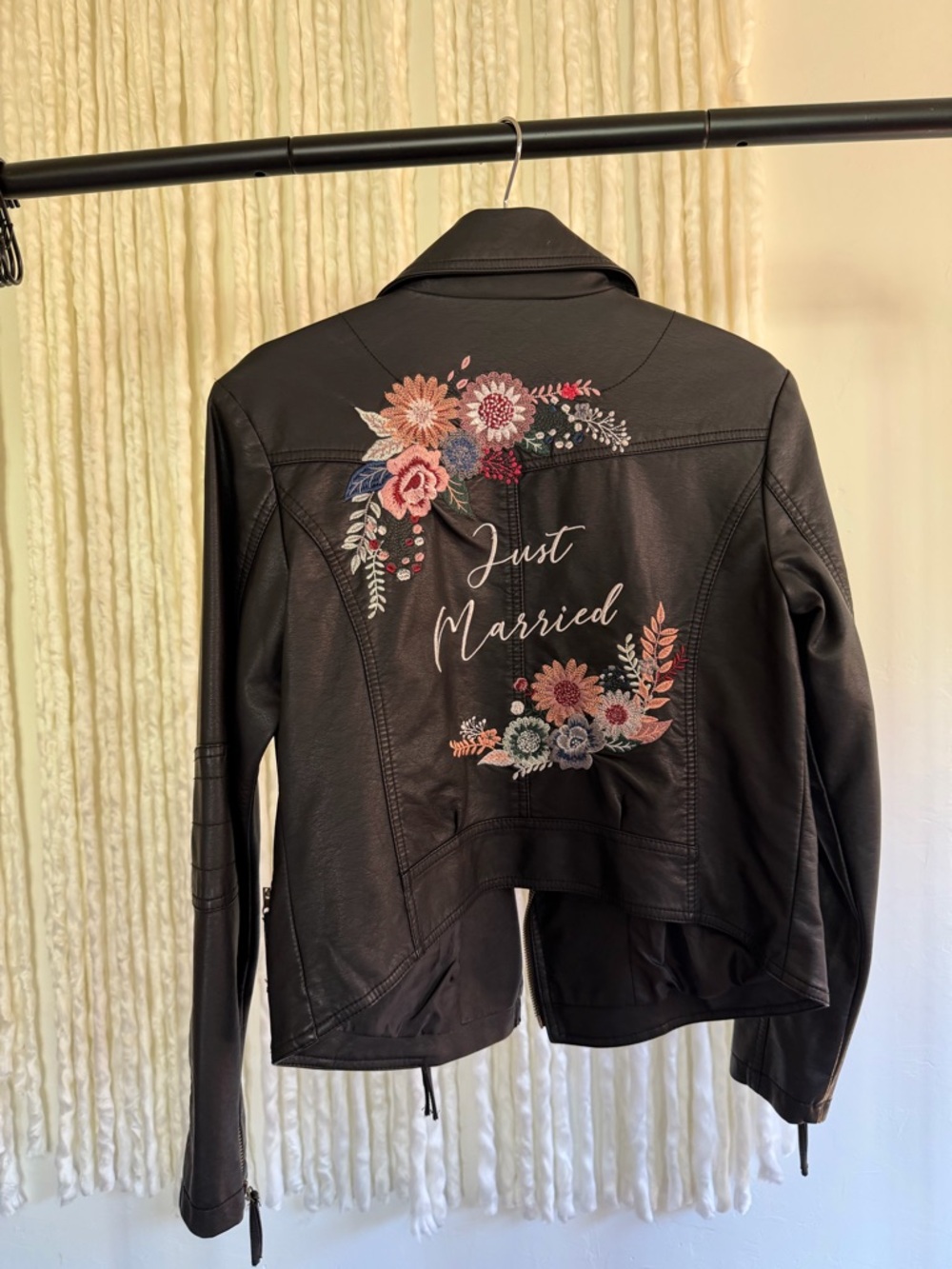 Just Married Embroidered Black Faux Leather Jacket